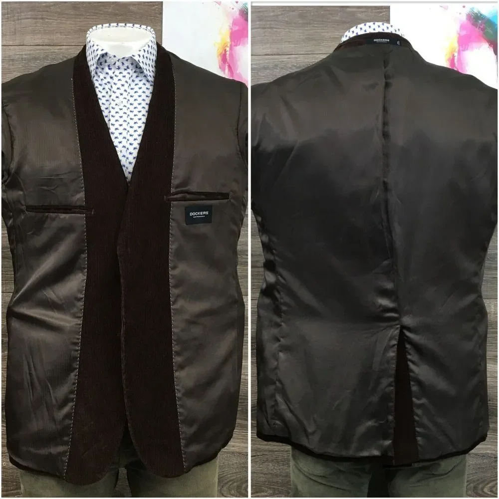 DOCKERS Mens Corduroy Blazer Sport Coat Casual Jacket Size 44R Brown Cotton Suit